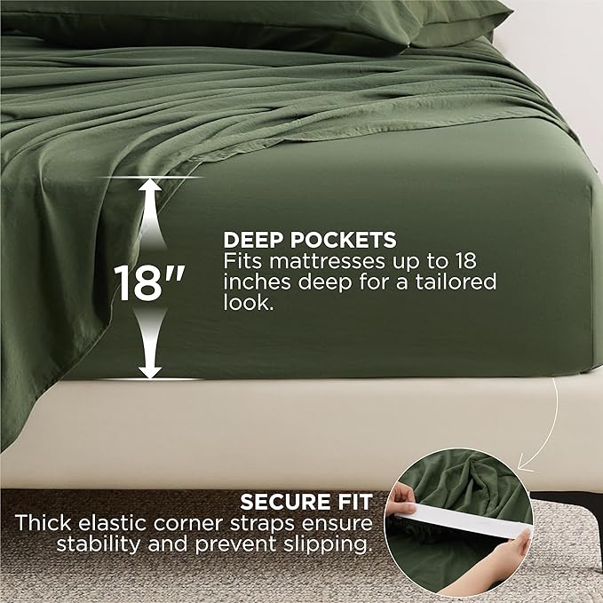 Bedsure Deep Pocket King Sheet Set - 6 Piece, Prewashed Ultra-Soft King Size Sheets Set, Fits Mattresses Up to 18 Inches Thick, Breathable & Secure Fit, Hotel Luxury Bedding, Olive Green