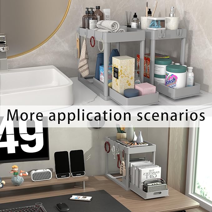2PC Under Sink Organizer Rack 2 Tier Under Sliding Cabinet Basket Organizer Drawer with 4 Hooks, Multi-purpose Under Sink Storage for Bathroom Kitchen Desktop(Grey)