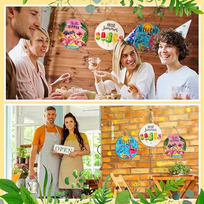 Blosssound 3 Pcs Door Decorations Front Hanging Door Sign Hanging Ornament Wooden Wall Sign Hanger for Celebrations Farmhouse Home Living Room Party Supplies(Summer)