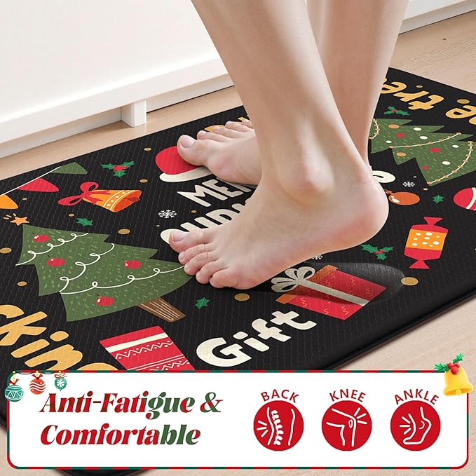 Collive Merry Christmas Kitchen Mats for Floor, Cushioned Anti Fatigue Kitchen Rug Set, 2 Piece Non-Skid Waterproof Kitchens Sink Rugs, Comfort Winter Xmas Tree Mat for Laundry Office Desk