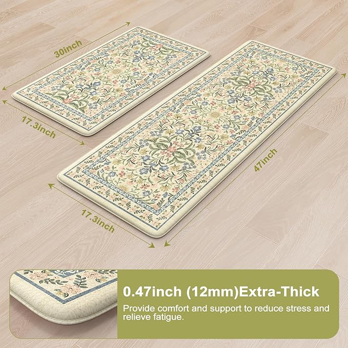 Collive Anti Fatigue Mat for Kitchen Floor, Spring Floral Kitchen Mats for Floor Set of 2, Beige Cushioned Waterproof Sink Rugs Non Slip Comfort Standing Rug for Office, Laundry, Desk