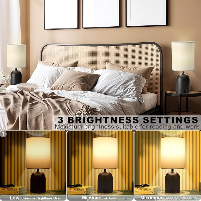 Bedside Black Table Lamps Set of 2 for Bedroom, 3 Way Dimmable Touch Nightstand Lamp with USB C and A Ports Small Table Desk Lamp for Bedroom, Reading Room, Office, Dorm Black/White