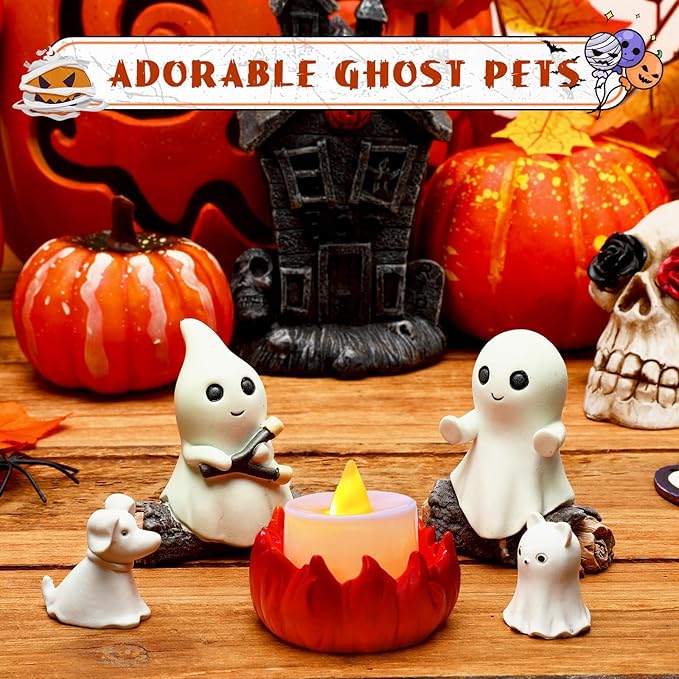 2025 Ghost Campfire Nightlight, Spooky Ghost Halloween Decorations Indoor, Cute Halloween Ghost Figurine, Funny Halloween Decor for Home Mantel Tabletop Party (with Cat and Dog)