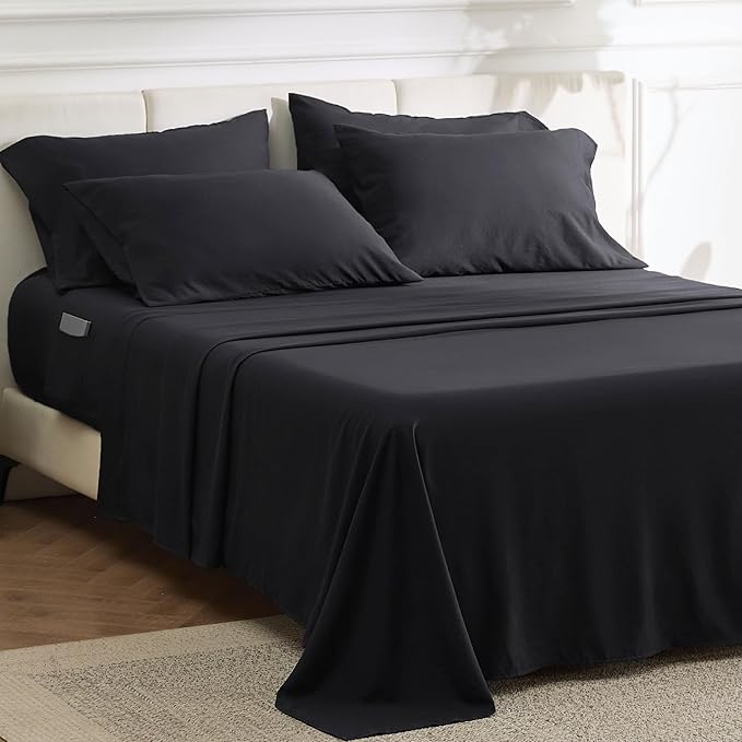 Bedsure Deep Pocket Full Size Sheets Set - 6 Piece, Prewashed Ultra-Soft Full Size Bed Sheets, Fits Mattresses Up to 18 Inches Thick, Breathable & Secure Fit, Hotel Luxury Bedding, Black