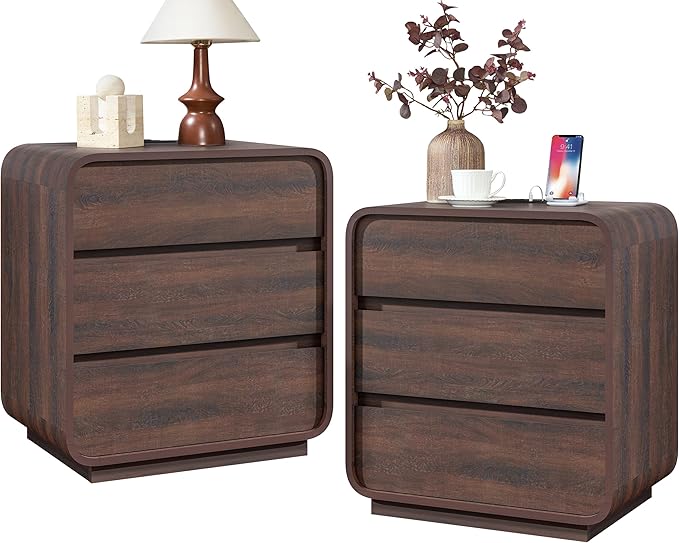 Modern Nightstand Set of 2, 23.2" Wide Wood Bedside Table with Charging Station, 3 Storage Drawers Side Table Curved Profile, Handleless, Large End Table Night Stand for Bedroom, Walnut 