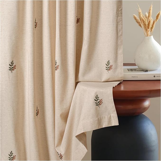 Linen Flax Curtain 50x84 Natural with Embroidery, Farmhouse Curtain,Tab Top Curtains, Room Darkening Drapes, Curtains for Bedroom, Curtains for Living Room_1Piece