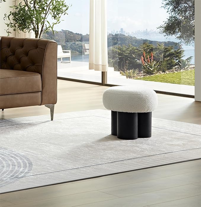 Mushroom Foot Stool, Round Teddy Fabric Ottoman with Non-Skid Legs, Small Footrest for Under Desk, Sofa Couch, Shoe Changing at Entrance, Living Room Bedroom Office (White & Black)