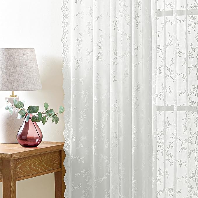 Sheer Lace Curtains 63 Inches Long, Vintage Floral Light Filtering Ivory Lace Curtains for Living Room & Bedroom, Rod Pocket, 2 Panels Set, Branch Pattern (Ivory, 52" W x 63" L)