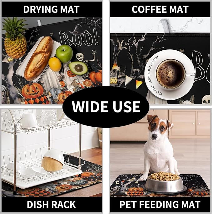 Halloween Dish Drying Mat for Kitchen Counter 18x24 Inch Black Ghost Pumpkins Dog Boo Skull Dishes Drainer Mats Absorbent Microfiber Washable Dish Draining Pad for Sink Coffee Bar