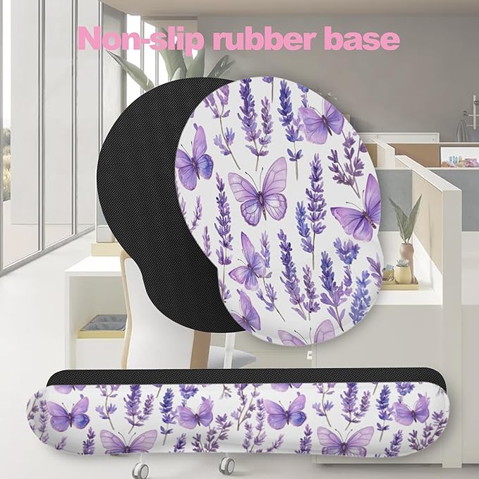 Lavender Butterfly Mouse Pad with Wrist Rest and Keyboard Wrist Rest Set, Non-Slip Rubber Base Memory Foam Mouse Pad Set for Women, Office Desk Accessories, Gaming