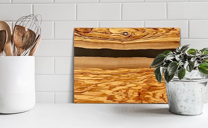 Handcrafted Italian Olive Wood Cheese & Charcuterie Board Set with Unique Black Resin Artwork - Cutting Board Comes with 4 Cheese Knives, 2 Dipping Bowls & Corkscrew Wine Opener (Black)
