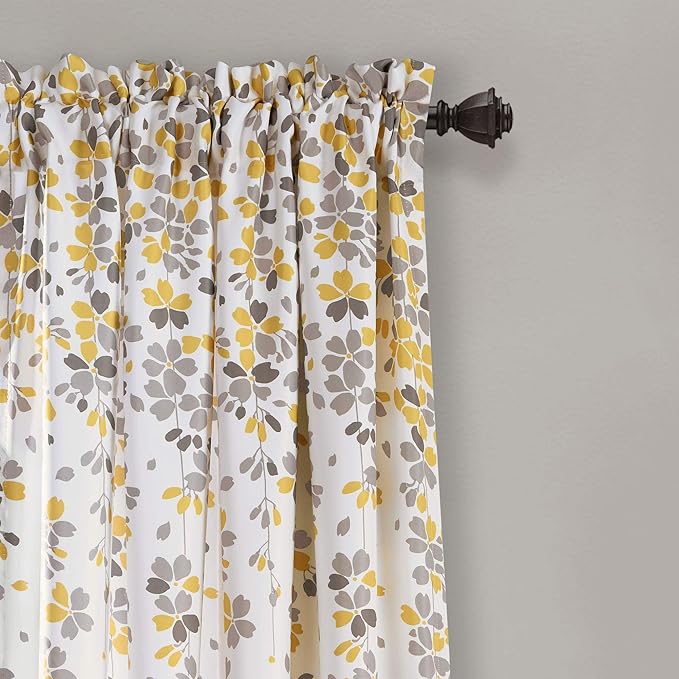 Lush Decor Weeping Flower Light Filtering Window Curtain Panels, Pair, 52"W x 84"L + 2" Header, Yellow & Gray - Charming Modern Floral Curtains for Living Room, Dining Room, & Bedroom