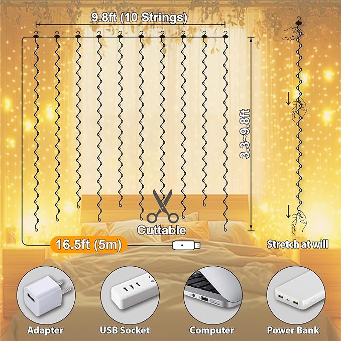 Warm White Curtain Light for Bedroom, 300 LED 9.8ft x 9.8ft Window Fairy Curtain String Light with 16 Hooks, 8 Models Remote Control for Wedding Party Home Garden Indoor Decorations