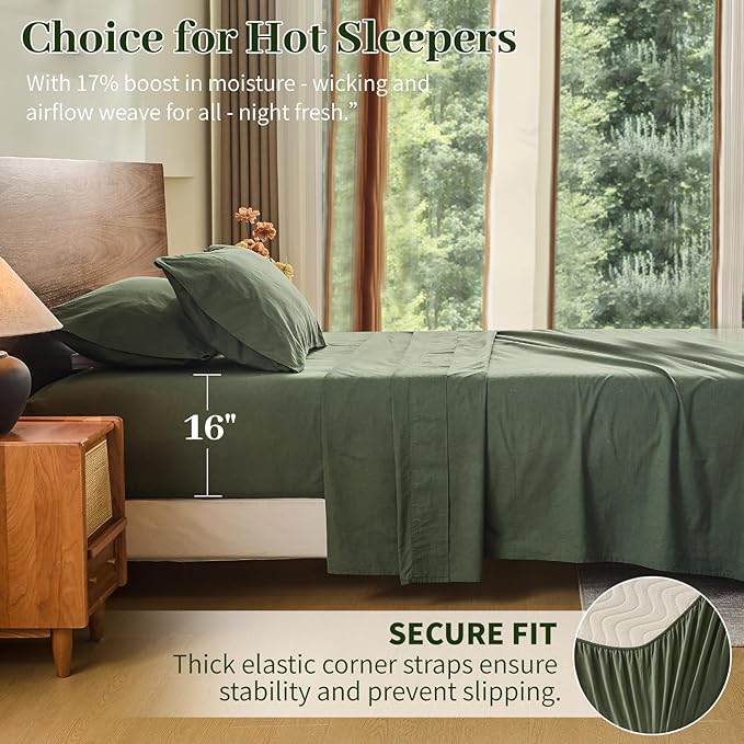 MEISHANG 100% French Pure Linen Sheets Queen Size - Bed Sheets 4 Piece Sets, Soft Durable Flax Linen, Anti-Tear Breathable Oeko-Tex Certified with 16" Deep Pocket (Forest Green)