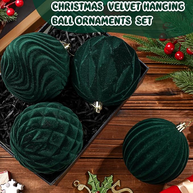 4 Pcs 4 Inch Large Velvet Christmas Ball Ornaments Vintage Christmas Plastic Ball Ornaments Flocked Tree Hanging Decoration for Xmas Party Wedding Home Decor(Green)