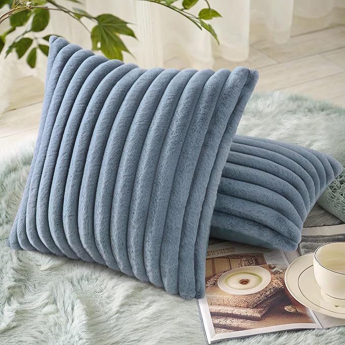 decorUhome Faux Fur Throw Pillow Covers 26x26 Set of 2, Decorative Soft Plush Striped Neutral Couch Euro Pillow Covers with Velvet Back for Sofa, Bed, Living Room Home Decor, Grey Blue