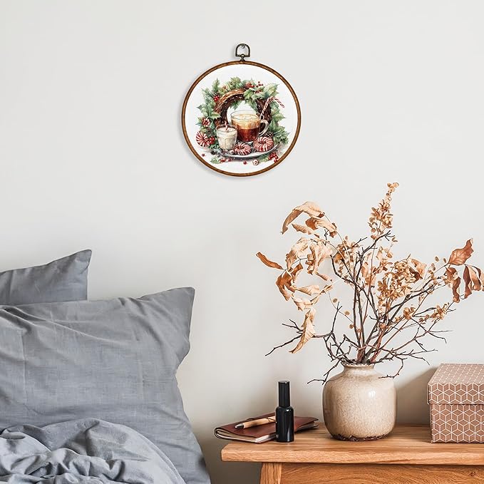 KSDUT Winter Wall Decor Art - Christmas Xmas Wall Art Canvas Frame Hanging Prints, Rustic Cozy Holiday Round Wall Art Decor for Home Farmhouse Decorations 10"x10"