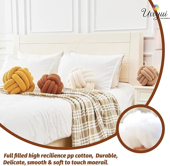 Uvvyui Knot Pillow Ball, Soft Home Decorative Pillows, Round Throw Pillow, Handmade Knotted Plush Pillow, Round Boucle Pillow Cushion (8.6 Inches Caramel)