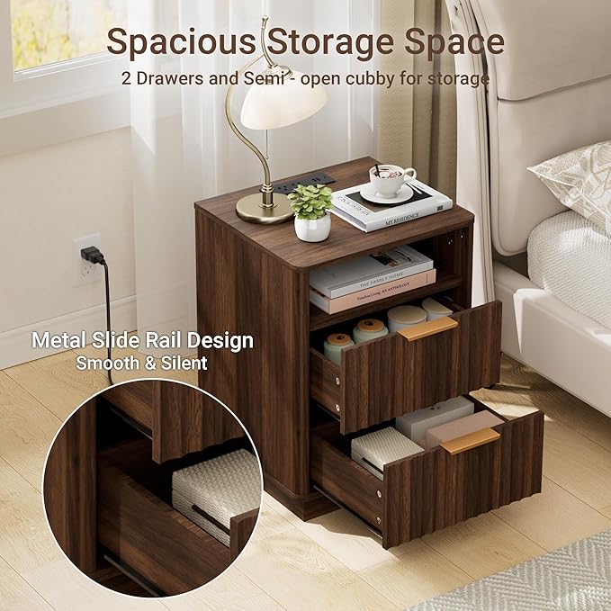 Fluted Nightstand Set of 2 with Charging Station, 18" Modern Farmhouse Night Stand, 2 Drawers End Table with Storage, Bedside Table for Bedroom Sofa Home Office, Curved Profile(Walnut)