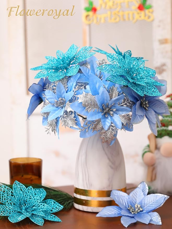 Floweroyal 30pcs Poinsettia Artificial Christmas Flowers Decorations with Clips and Berry Stems Glitter Ornaments for Christmas Tree Wreath Fireplace Stairs Decor (Blue-3 Styles)