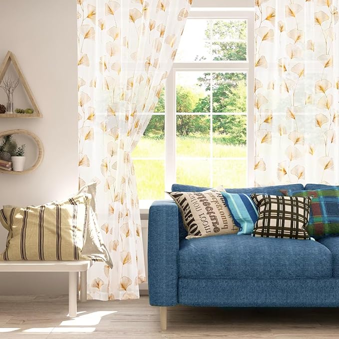 Gold Foil Print Sheer Curtains 84 inches Long, 2 Panels Ginkgo Bronzing Treatment Sheer Curtain, Rod Pocket Window Treatment Panels for Bedroom Living Room