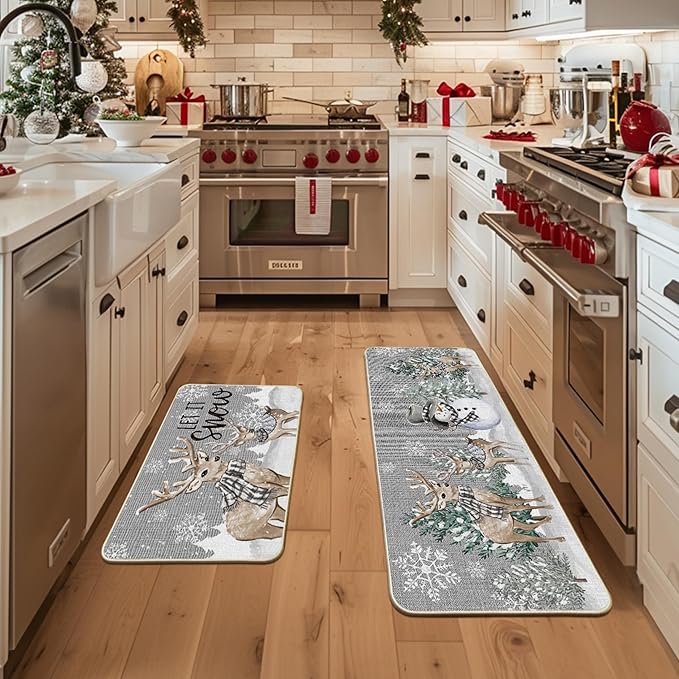 Artoid Mode Deer Tree Let It Sonw Snowflakes Christmas Kitchen Mats Set of 2, Winter Decor Low-Profile Kitchen Rugs for Floor - 24x35 and 24x59 Inch