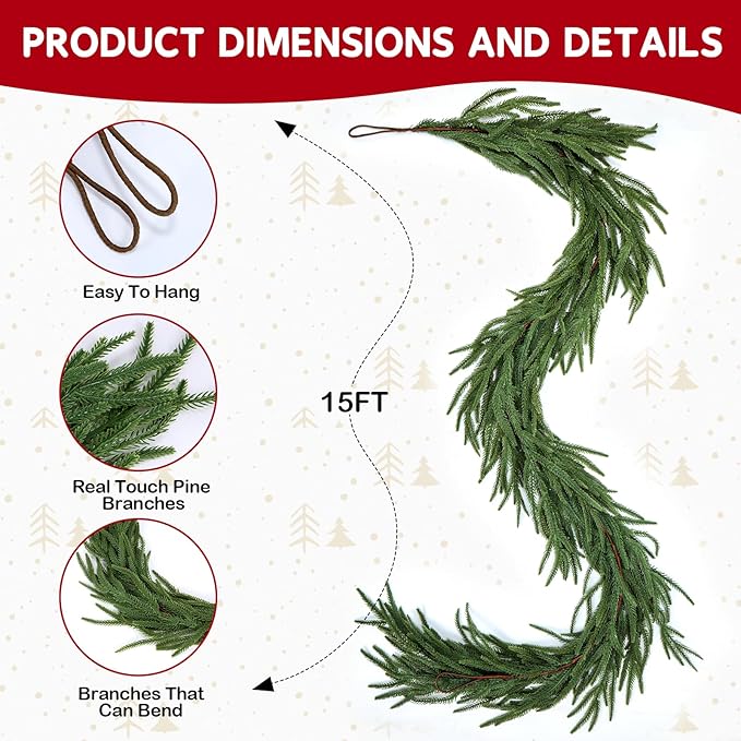 Faux Norfolk Pine Christmas Garland – Real Touch Greenery Artificial Cedar Christmas Garland for Fireplace Mantel, Staircase, Door Frame, Holiday Indoor Winter Décor (15FT)