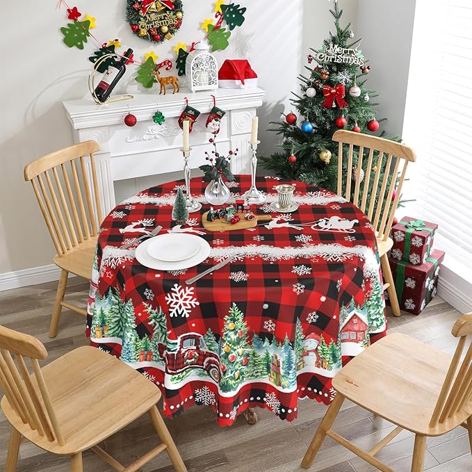 Round Christmas Tablecloth 60 inches - Christmas Decorations for Home - Water Resistant Red Plaid Table Cloth - Red Truck Xmas Holiday Buffalo Plaid Decor for Table, Party,Kitchen