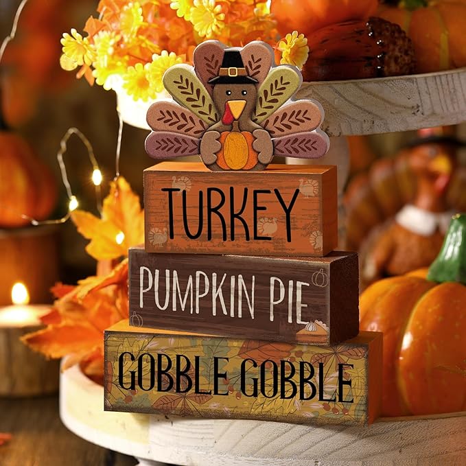 4 Pcs Fall Decorations for Home Thanksgiving Tiered Tray Decor Fall Table Decor Thanksgiving Centerpiece Rustic Wooden Turkey Block Sign for Autumn Harvest Party Table Kitchen Shelf