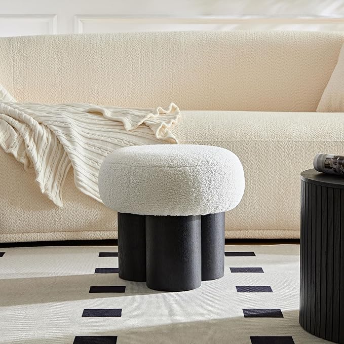 Mushroom Foot Stool, Round Teddy Fabric Ottoman with Non-Skid Legs, Small Footrest for Under Desk, Sofa Couch, Shoe Changing at Entrance, Living Room Bedroom Office (White & Black)