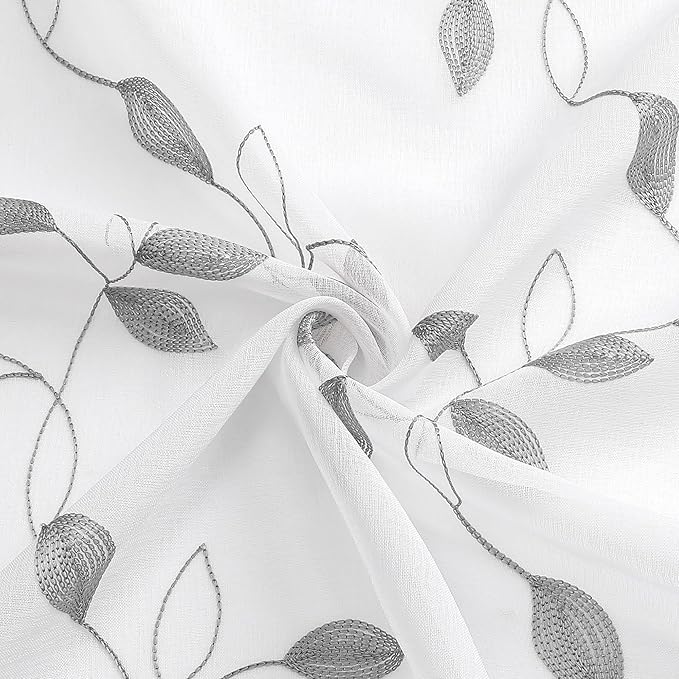 Tollpiz Grey Leaf Sheer Curtain Leaves Embroidered Bedroom Curtains Rod Pocket Voile Window Treatments for Living Room, 38 x 63 inches Long, Set of 2 Panels