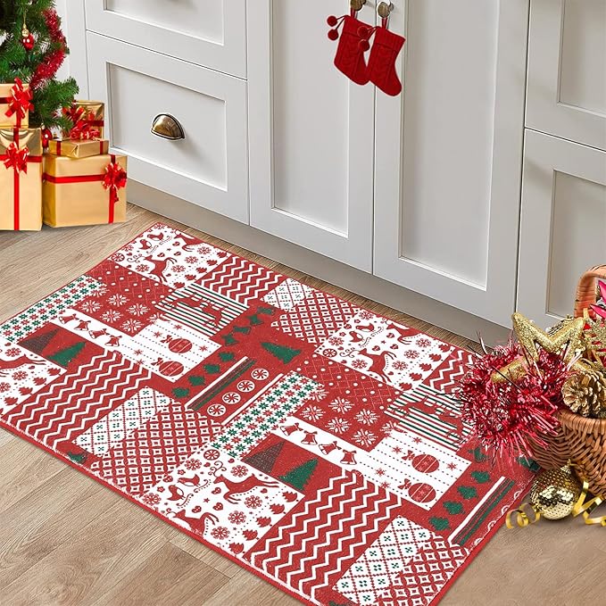 RUGSREAL Christmas Area Rug Christmas Patchwork Pattern Small Entryway Rug Doormat Non-Slip Holiday Decorative Washable Floor Carpet for Indoor Front Entrance Kitchen Bathroom, 2x3 Feet