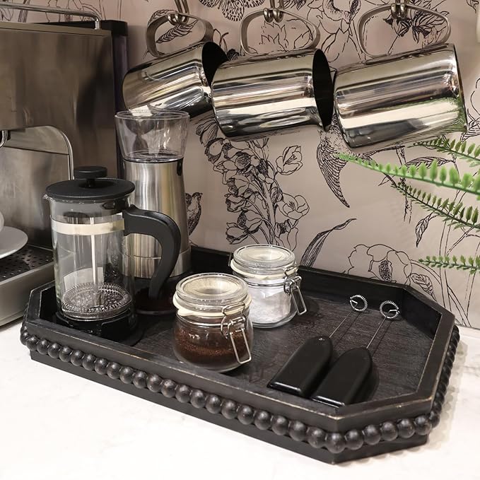 Wood Rustic Serving Tray with Beads, Farmhouse Vintage Black Decorative Tray for Table Centerpiece, Christmas Wedding Halloween Home Decor