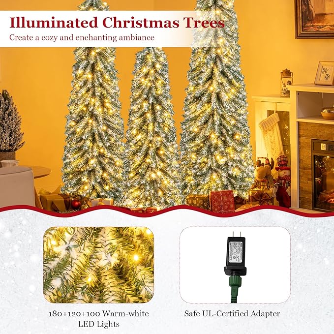 GOFLAME Set of 3 Pre-Lit Artificial Christmas Tree, Flocked Pencil Xmas Trees 4FT, 5FT and 6FT with Drooping Branches, Soft White Cotton, LED Lights, Holiday Decoration Tree for Home Office Party