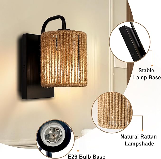 Boho Wall Sconce, Rattan Wall Light Fixtures with Hemp Rope Rustic Sconces for Living Room Bathroom Hallway Bohemian Modern Woven Scocne E26 10inch