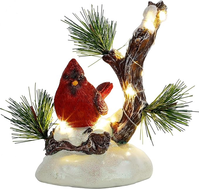 winemana Christmas Tabletop Decorations, LED Lights Cardinal Resin Ornament, Lighted Red Bird on Snowy Pine Tree Holiday Decor for Indoor Home Table Desk Kitchen Room Xmas Party