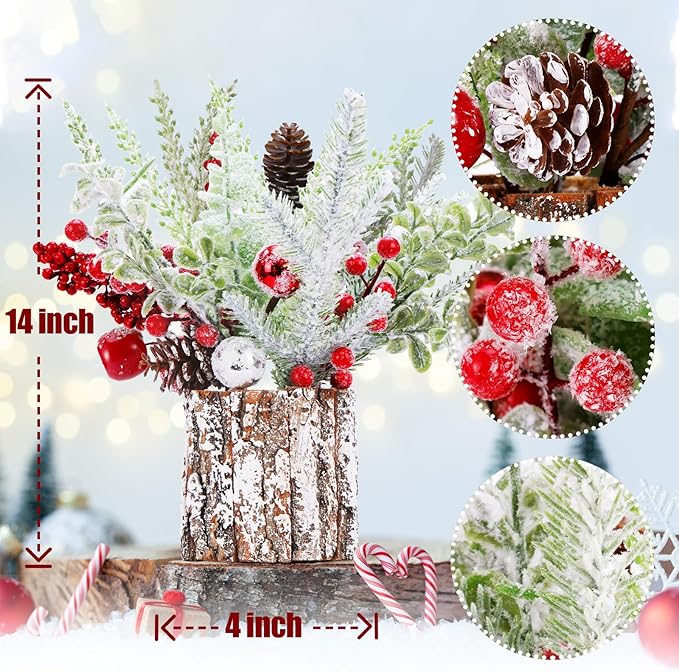 2 Pack Christmas Table Decorations, 14 Inch Christmas Centerpiece Small Potted Christmas Tree, Pine Cones and Berries, Xmas Artificial Plants for Tables, Home, Mantel Holiday Decor