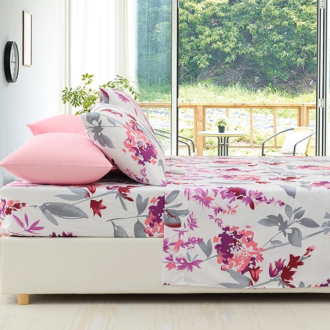 King Size Bed Sheets Set Deep Pockets - 6PC Floral Ultra Soft Microfiber Bed Sheets - Easy to Clean, 90 Thread Count Sheets with Fitted Sheet, Flat Sheet & Pillowcases (Grey/Pink Floral)