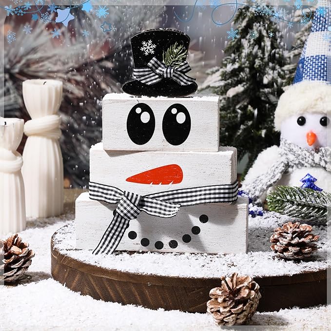 4 Pcs Snowman Christmas Decor Winter Table Decoration Christmas Tiered Tray Decor Rustic Snowman Face Wood Block Sign Gift Winter Centerpiece Farmhouse for Home Tabletop Office Kitchen