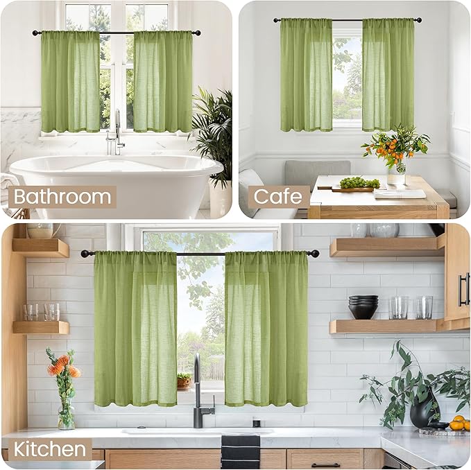BGment Short Olive Green Curtains 36 Inch Length for Kitchen Cafe Window - Small Linen Drapes Rod Pocket Semi Sheer Textured for Bedroom Country Lightweight Natural Rustic, 2 Panels Set, 30 X 36 Inch