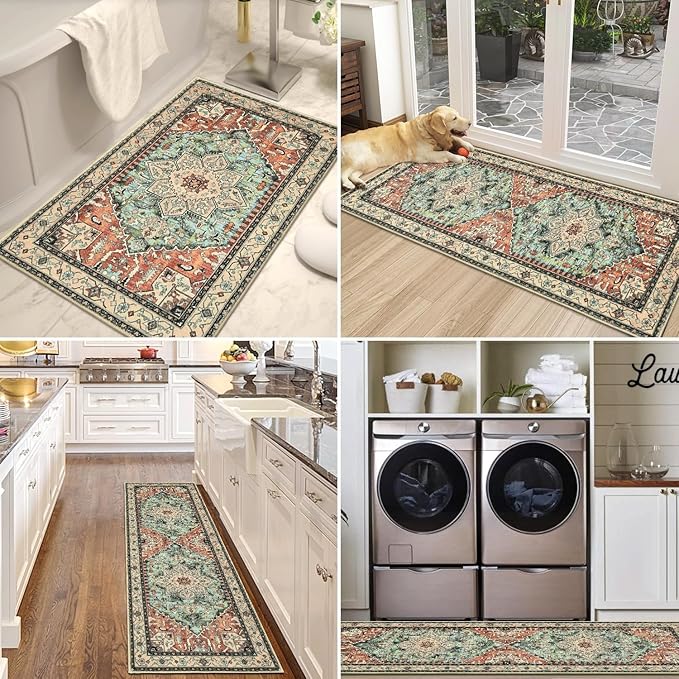 Yamaziot Boho Washable Kitchen Rugs Sets of 3, Non Slip Kitchen Mats for Floor with Rubber Backing, Waterproof & Stain Resistant Thick Carpet Runner Throw Rug for Kitchen, Laundry Room, Hallway