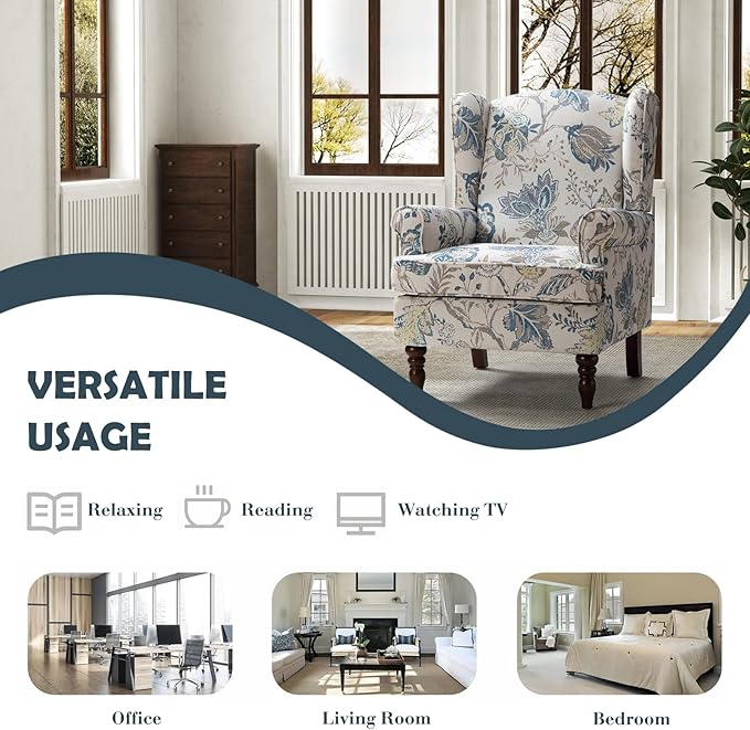 HULALA HOME Wingback Accent Chairs Set of 2 with Retro Wood Legs, Traditional Fabric Armchairs for Living Room Bedroom, Comfy Upholstered Sofa Chairs Reading Chairs with Unique Pattern Design, Blue