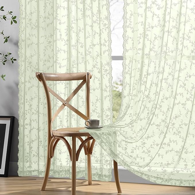 Sheer Lace Curtains 84 Inches Long, Vintage Floral Light Filtering Sage Green Lace Curtains for Living Room & Bedroom, Rod Pocket, 2 Panels Set, Branch Pattern (Sage Green, 52" W x 84" L)