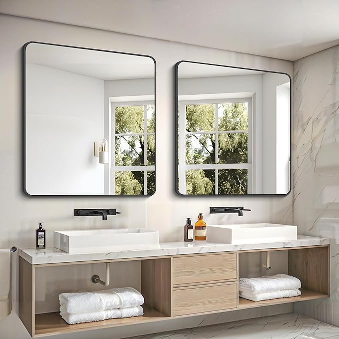 FORBATH Bathroom Mirror 36" x 36",Large Square Wall Mirror with Black Aluminum Frame Rounded Corner, Wall Mounted Mirror for Bathroom Bedroom Entryway Living Room