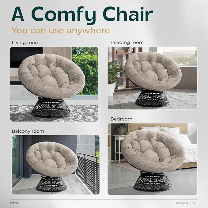 Bme 40" Ergonomic Wicker Papasan Chair with Soft Thick Density Fabric Cushion, High Capacity Steel Frame, 360 Degree Swivel for Living, Bedroom, Reading Room, Lounge, Silver Cloud - Black Base