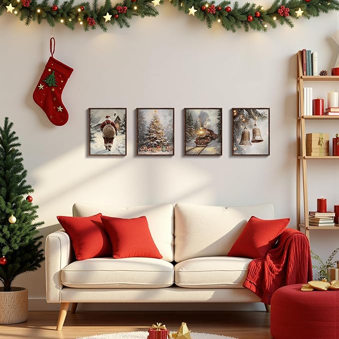 DOFQZ Winter Christmas Wall Art Prints Set of 4, Christmas Home Room Decor, Winter Snowy Xmas Train Santa Bell Pine Tree Posters for Home Bedroom Living Room Decor, 8x10 Unframed