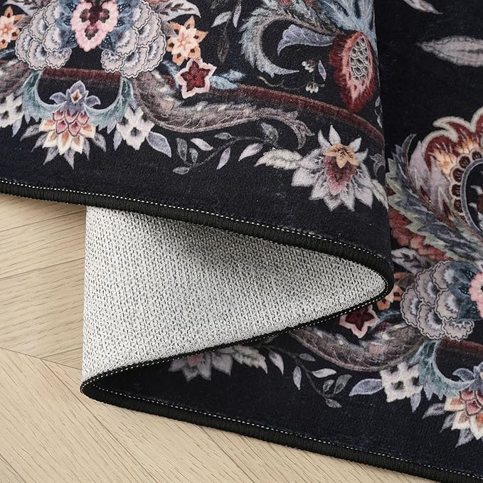 Rugcomf Vintage Paisley 3'x5' Area Rug - Machine Washable, Non-Slip Low Pile Small Floral Carpet for Bedroom, Bedside, Kitchen, Entryway, Kids/Girls Room, Office - Black