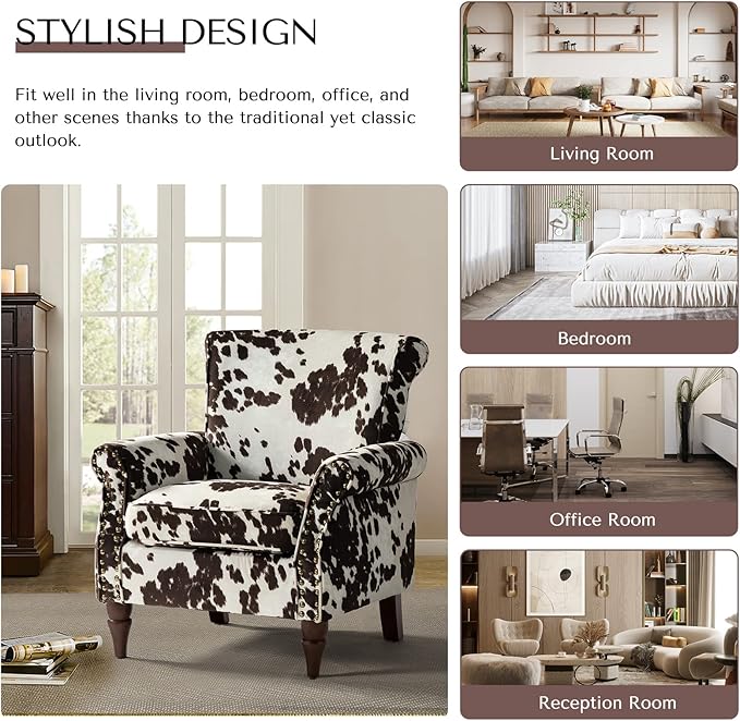 HULALA HOME Modern Wingback Accent Chair with Removable Cushion & Wood Legs, Comfy Upholstered Armchair with Nailhead Trim, Floral Pattern Single Sofa Chair for Bedroom Living Room, Cowhide