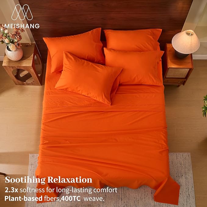 MEISHANG 100% French Pure Linen Sheets King Size - Extra Deep Pocket Sheet Set, Soft Durable Flax Linen, Anti-Tear Breathable & Oeko-Tex Certified 18-24 Deep Pocket,All Season(Orange)