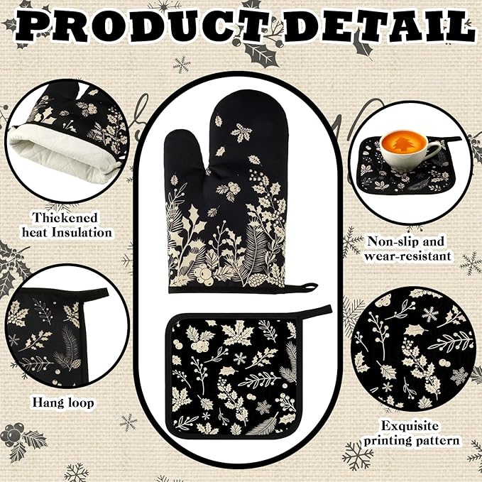 10 Pcs Christmas Kitchen Decor Set Kitchen Towels and Rugs Oven Mitts Pot Holders Absorbent Towels for Baking Cooking BBQ Gifts Home Decor(Black and Gray,Pine and Holly)